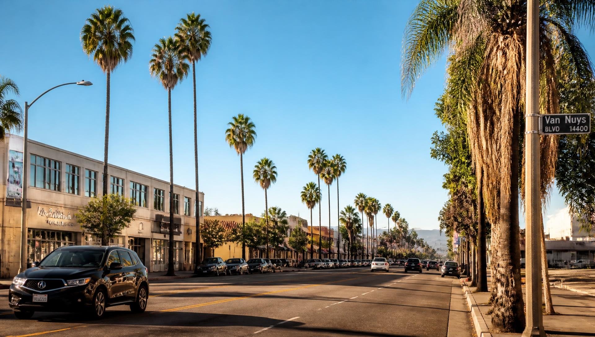 Palm-lined Van Nuys Boulevard on a sunny afternoon